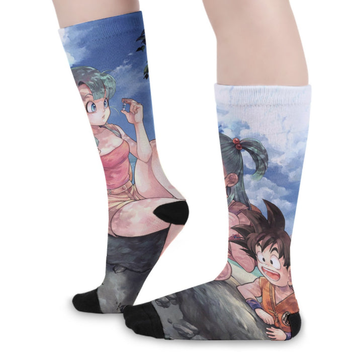 Bulma Sitting on a Tree and Kid Goku at the Beach Blue Graphic DBZ  Socks