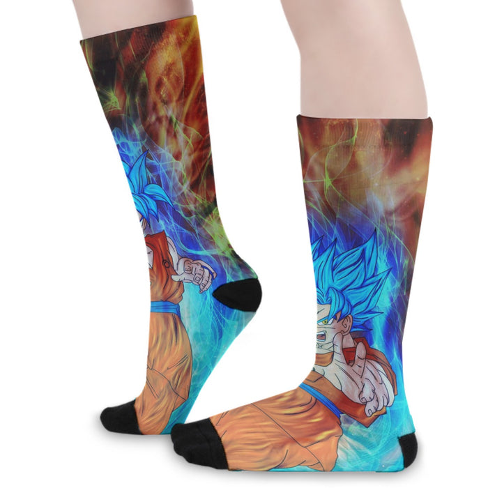 DBZ Goku Super Saiyan God Blue SSGSS Power Aura Fire Theme Design Socks