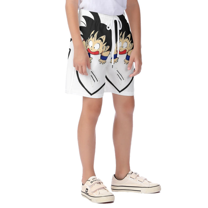 Smiling Goku On Pocket Of Dragon Ball Z Kid's Beach Shorts
