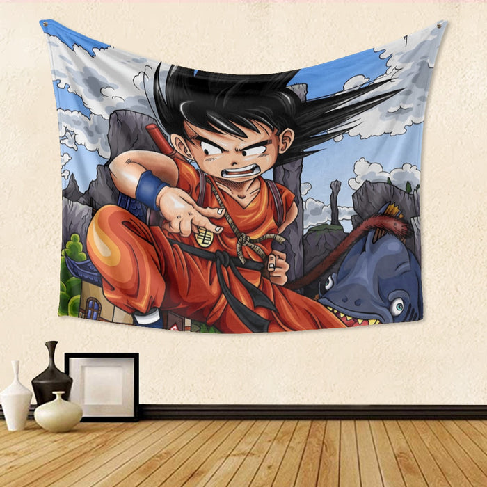 Dragon Ball Anime Angry Kid Goku Sky Clouds Blue 3D Tapestry