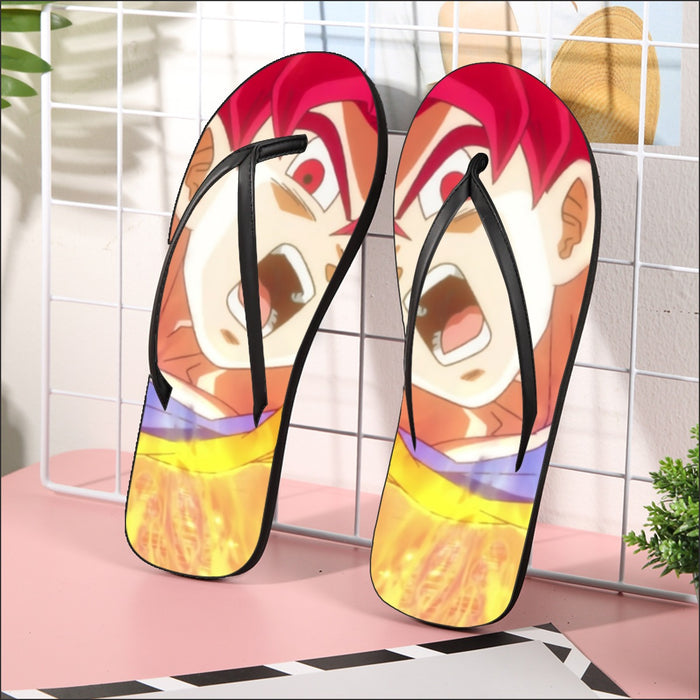 Dragon Ball Goku Super Saiyan Red God Face Portrait Print Flip Flops