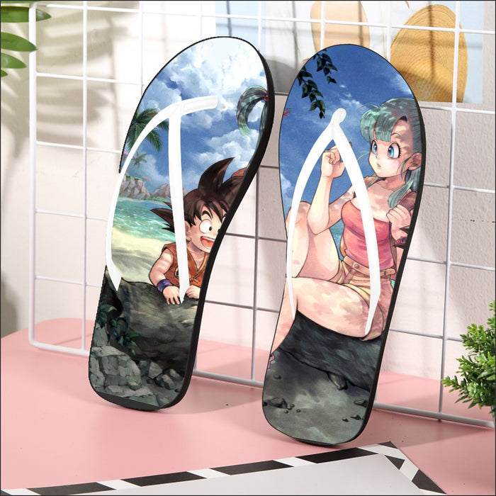 Bulma Sitting on a Tree and Kid Goku at the Beach Blue Graphic DBZ Flip Flops