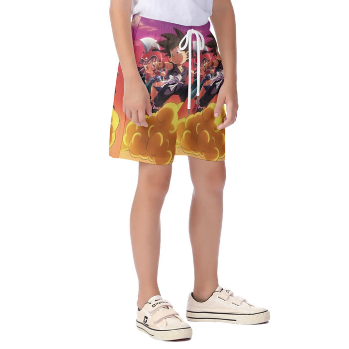 Kid Goku & Chichi Flying on Golden Cloud 3D Kid's Beach Shorts