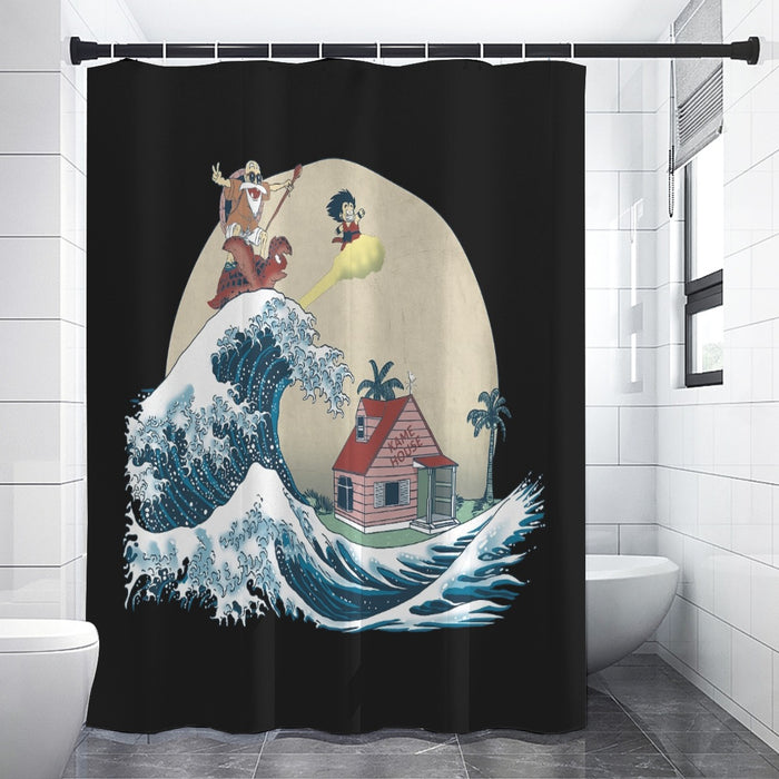 DBZ Kid Goku And Master Roshi Surfing To Kame House Shower Curtains