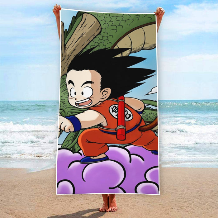 Dragon Ball  Kid Goku Flying With Shenron Beach Towel