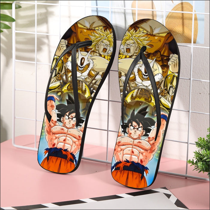 DBZ Goku Spirit Bomb Destroy Villains Cooler Broly Namek Golden Flip Flops