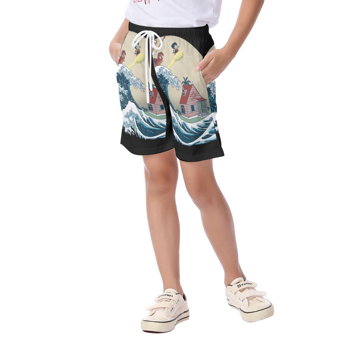 DBZ Kid Goku And Master Roshi Surfing To Kame House Kid's Beach Shorts