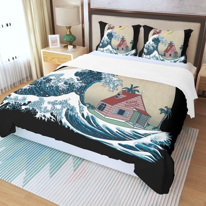 DBZ Kid Goku And Master Roshi Surfing To Kame House Three Piece Duvet Cover Set