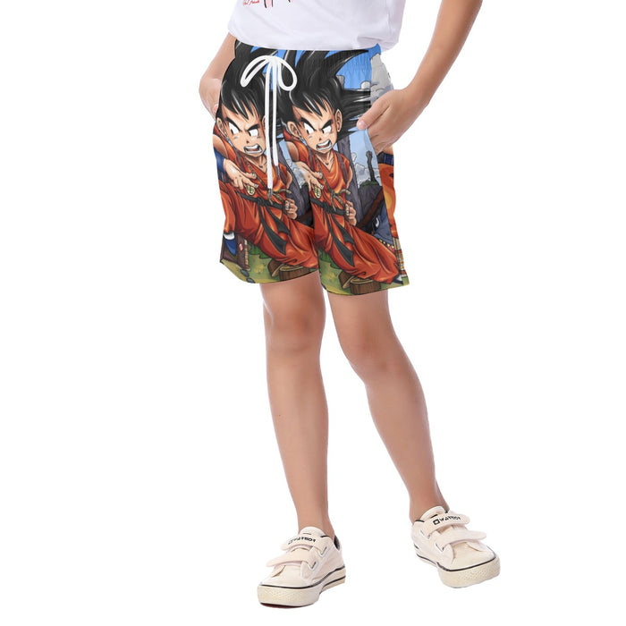 Dragon Ball Anime Angry Kid Goku Sky Clouds Blue 3D Kid's Beach Shorts