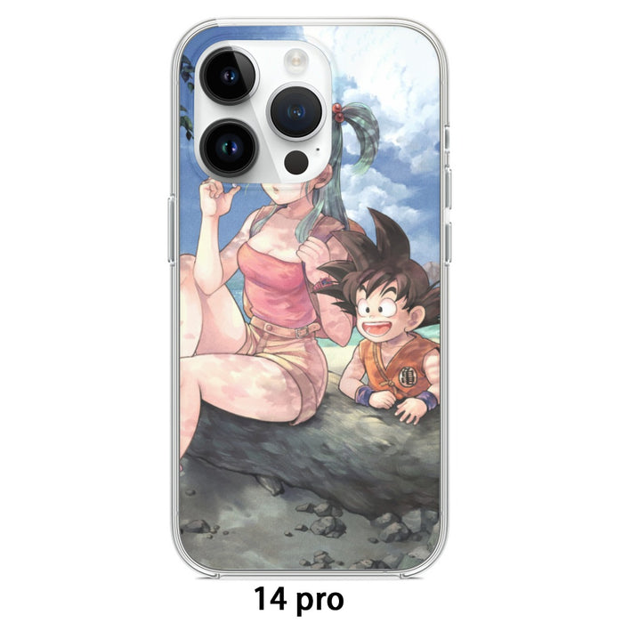 Bulma Sitting on a Tree and Kid Goku at the Beach Blue Graphic DBZ iPhone 14 Case