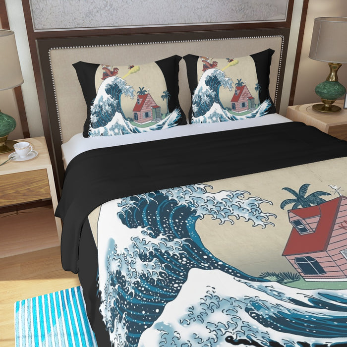 DBZ Kid Goku And Master Roshi Surfing To Kame House Three Piece Duvet Cover Set