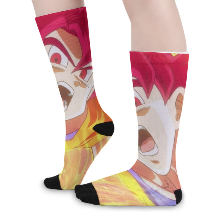 Dragon Ball Goku Super Saiyan Red God Face Portrait Print Socks