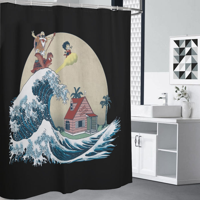 DBZ Kid Goku And Master Roshi Surfing To Kame House Shower Curtains