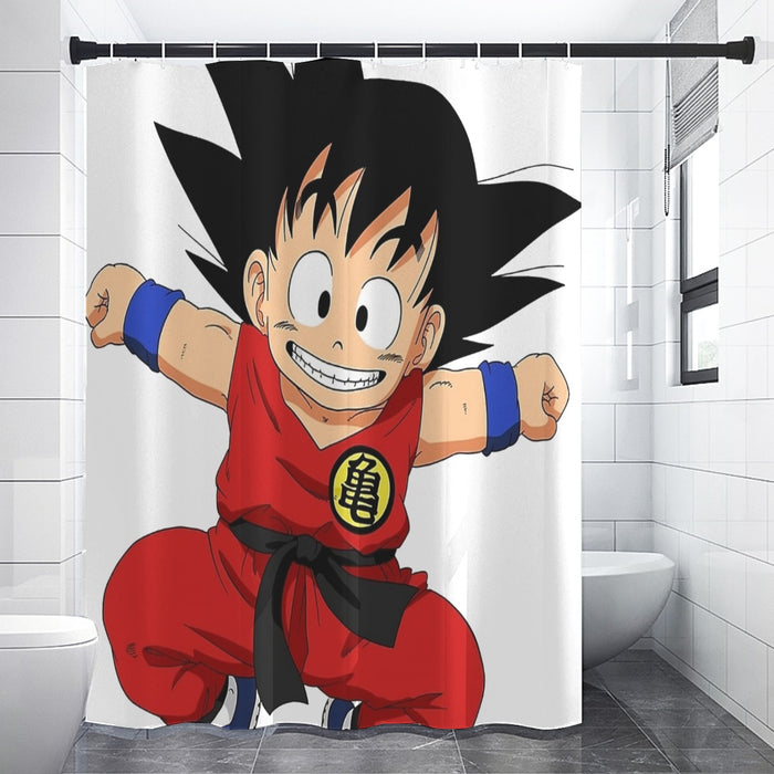 DBZ Jumping Kid Goku In His Training Suit Shower Curtains
