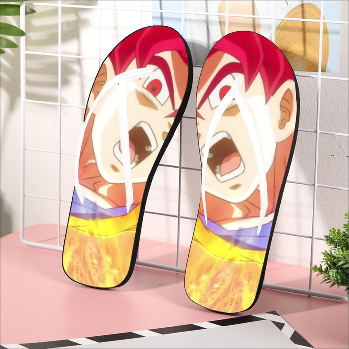 Dragon Ball Goku Super Saiyan Red God Face Portrait Print Flip Flops