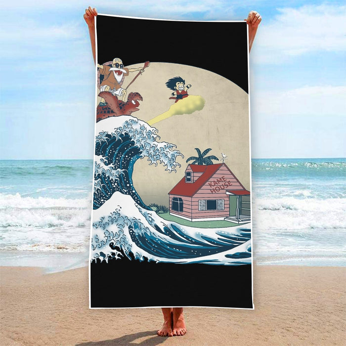 DBZ Kid Goku And Master Roshi Surfing To Kame House Beach Towel