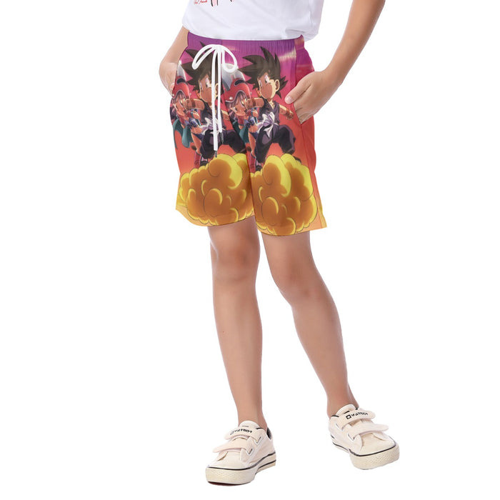 Kid Goku & Chichi Flying on Golden Cloud 3D Kid's Beach Shorts