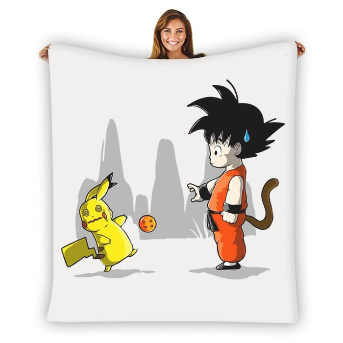 Goku Throwing A Dragon Ball At Pikachu Blanket