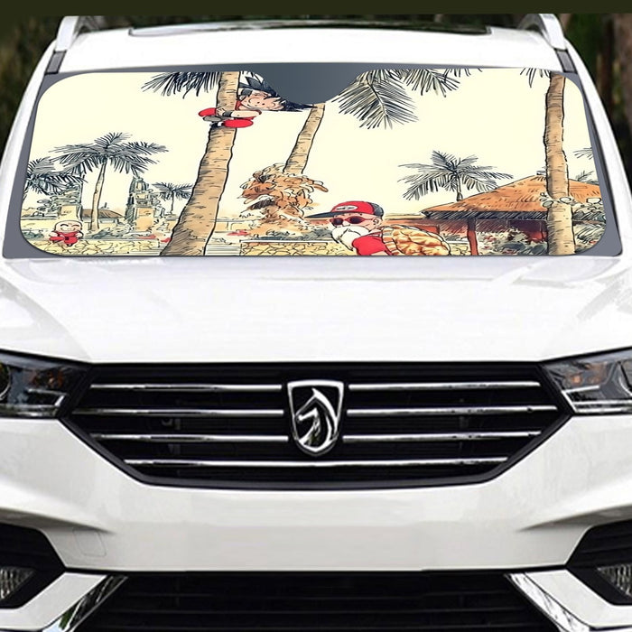 Palm Tree Cute Kid Goku Master Roshi Vintage Beige Windshield Sunshade