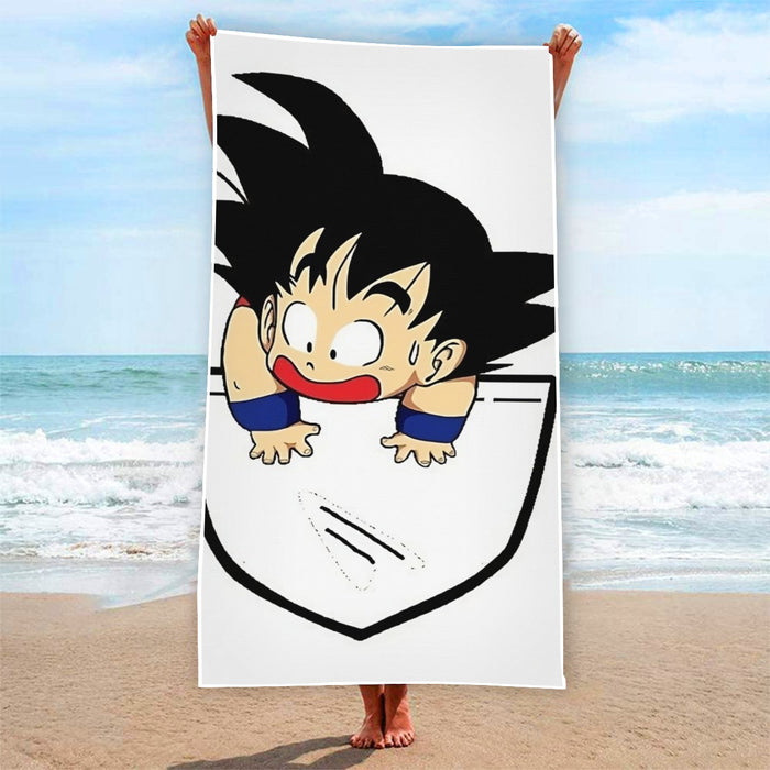 Smiling Goku On Pocket Of Dragon Ball Z Beach Towel