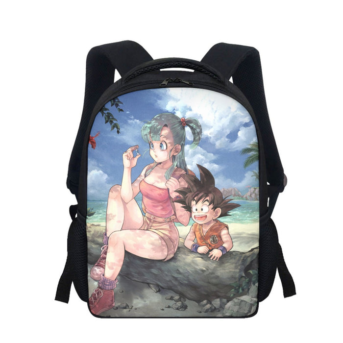 Bulma Sitting on a Tree and Kid Goku at the Beach Blue Graphic DBZ Backpack