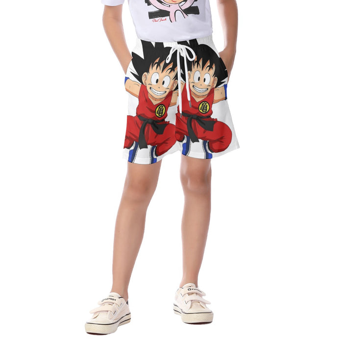 DBZ Jumping Kid Goku In His Training Suit Kid's Beach Shorts