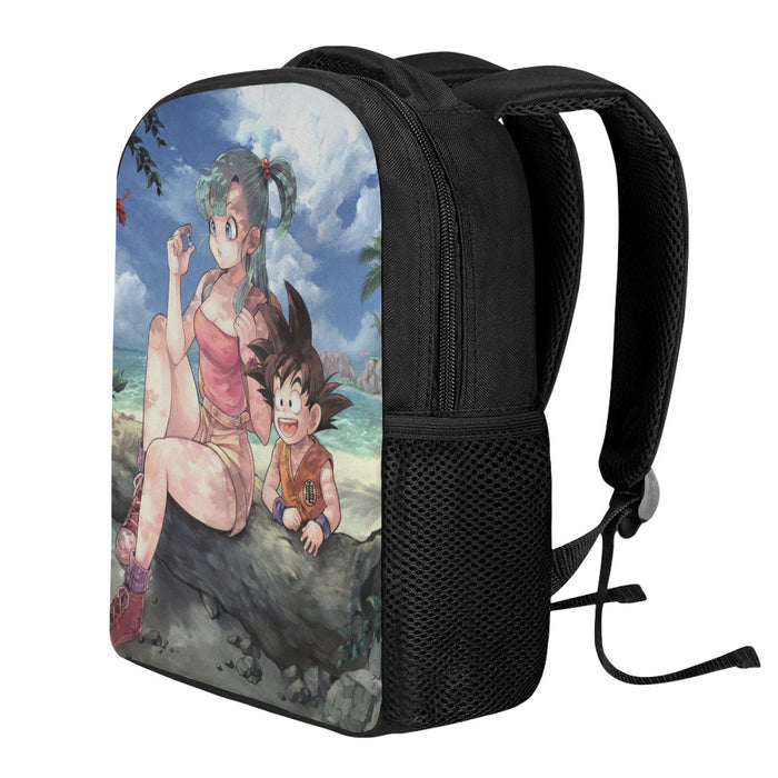 Bulma Sitting on a Tree and Kid Goku at the Beach Blue Graphic DBZ Backpack