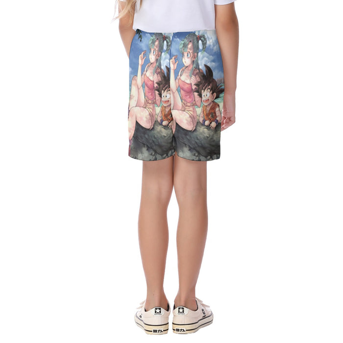 Bulma Sitting on a Tree and Kid Goku at the Beach Blue Graphic DBZ  Kid's Beach Shorts