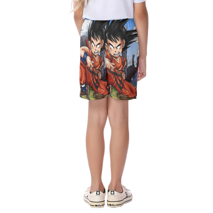 Dragon Ball Anime Angry Kid Goku Sky Clouds Blue 3D Kid's Beach Shorts