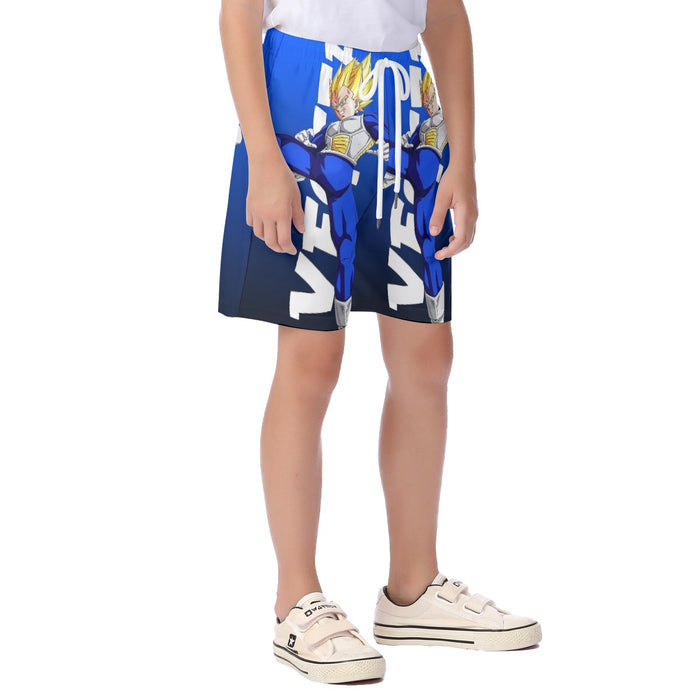 Vegeta With Background Word Dragon Ball Kid's Beach Shorts