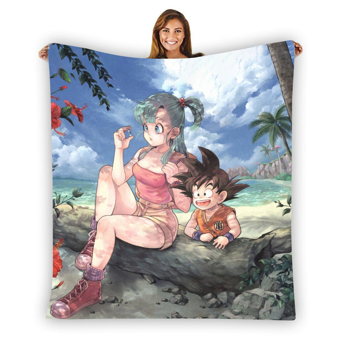 Bulma Sitting on a Tree and Kid Goku at the Beach Blue Graphic DBZ Blanket