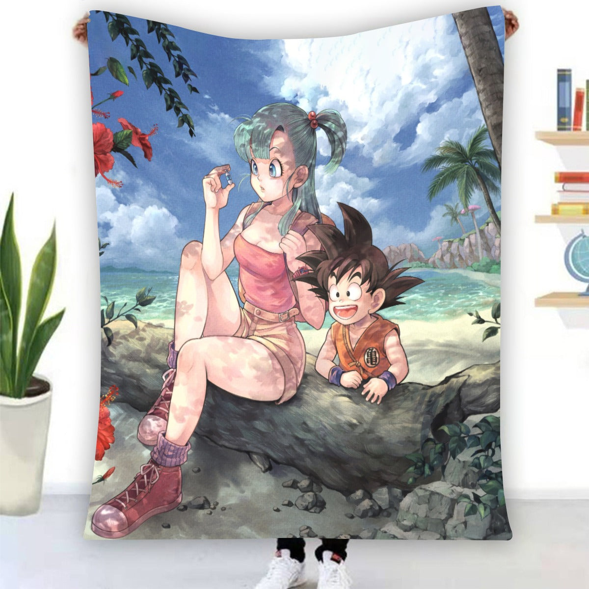 Bulma Sitting on a Tree and Kid Goku at the Beach Blue Graphic DBZ Blanket  — DBZ Store